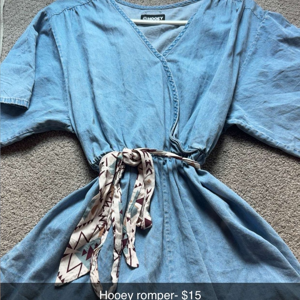 Hooey Light Blue Romper with Patterned Tie